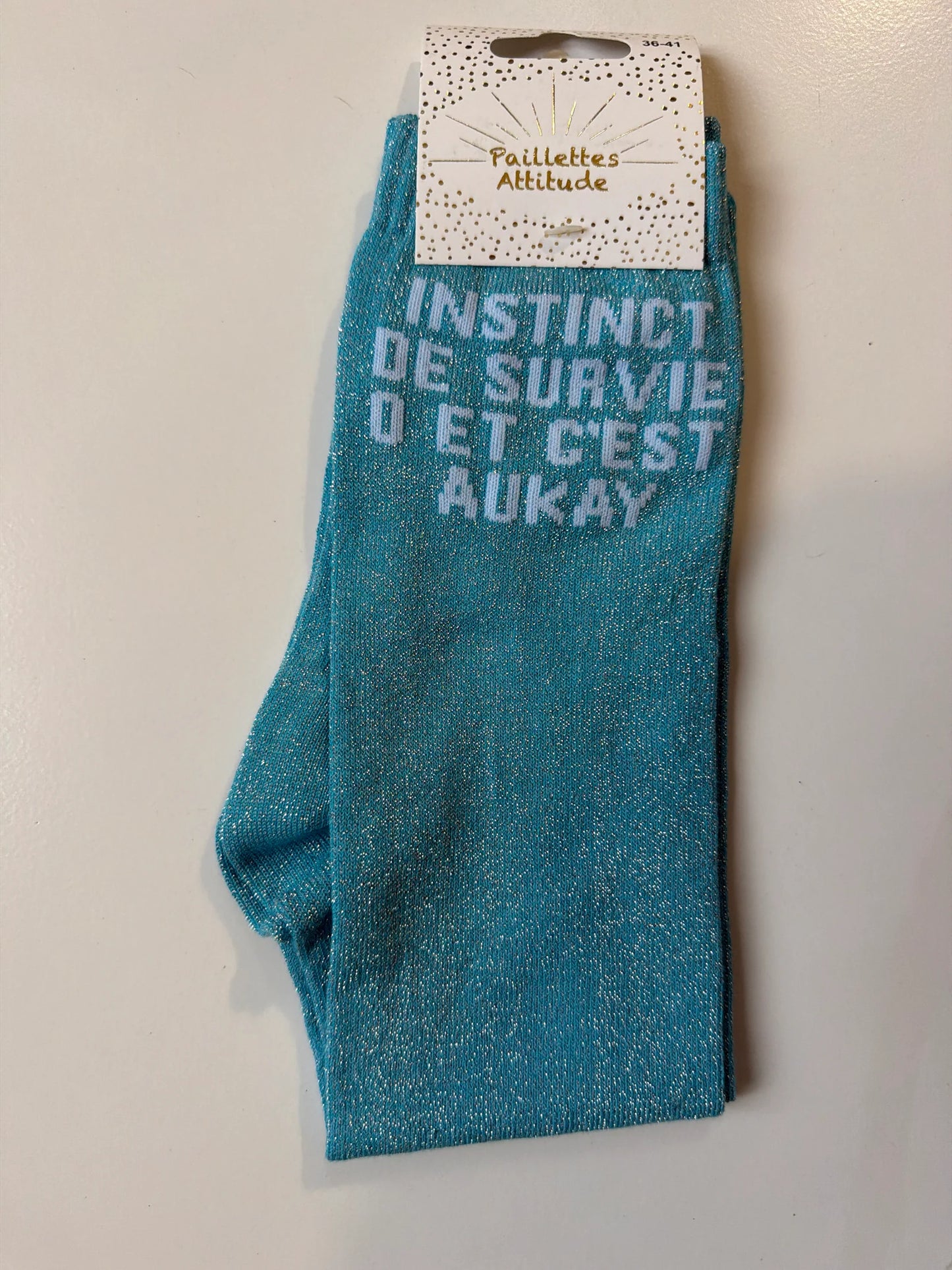 Chaussette Paillettes "INSTINCT DE SURVIE 0 ET C’EST AUKAY" - Paillettes Attitude