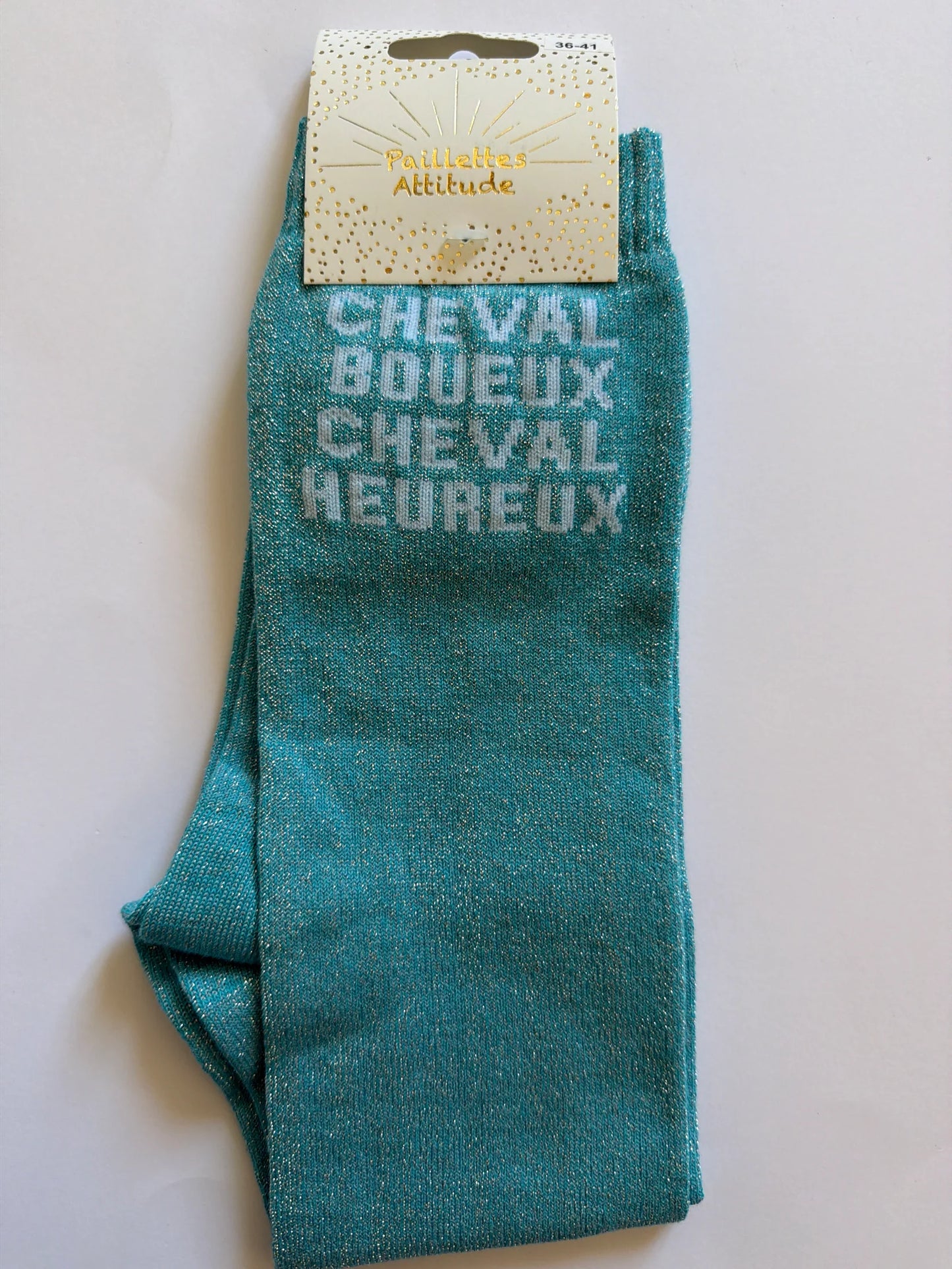 Chaussette Paillettes "CHEVAL BOUEUX CHEVAL HEUREUX" - Paillettes Attitude