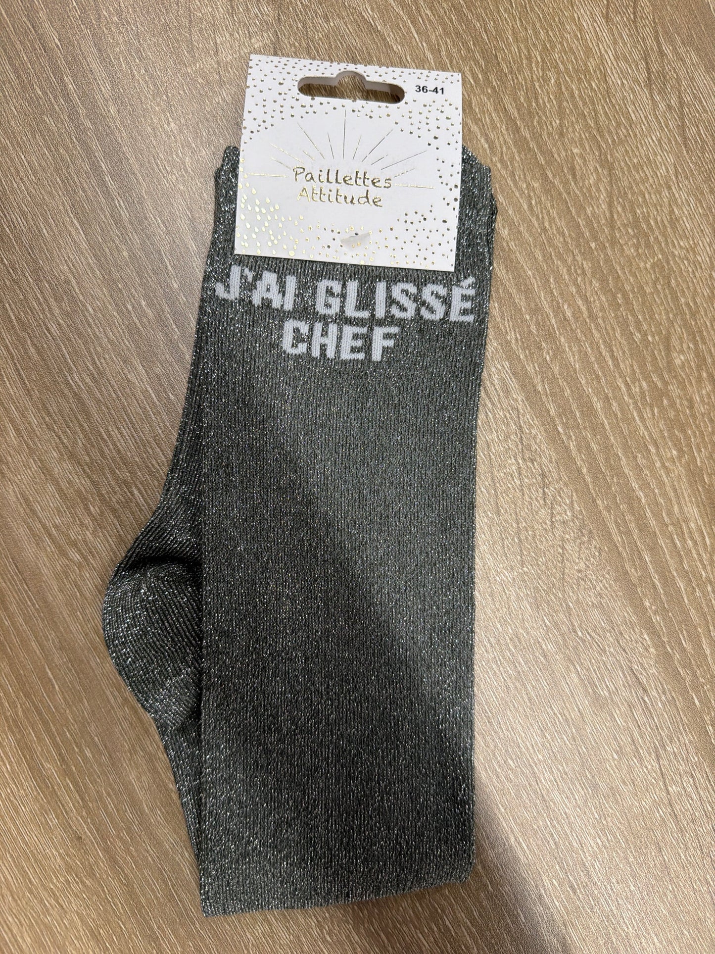 Chaussette Paillettes "J'ai glissé Chef" - Paillettes Attitude