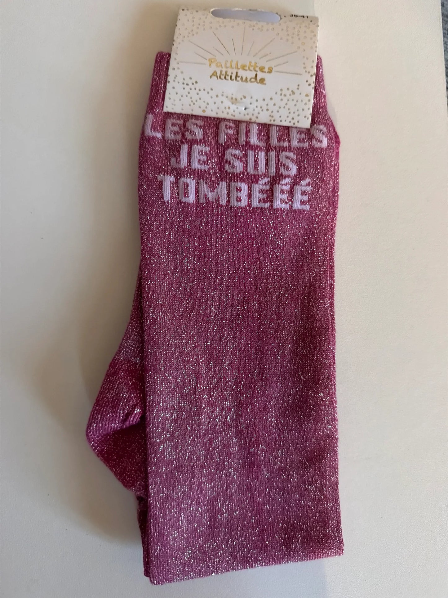 Chaussette Paillettes "LES FILLES JE SUIS TOMBÉÉÉÉ" - Paillettes Attitude