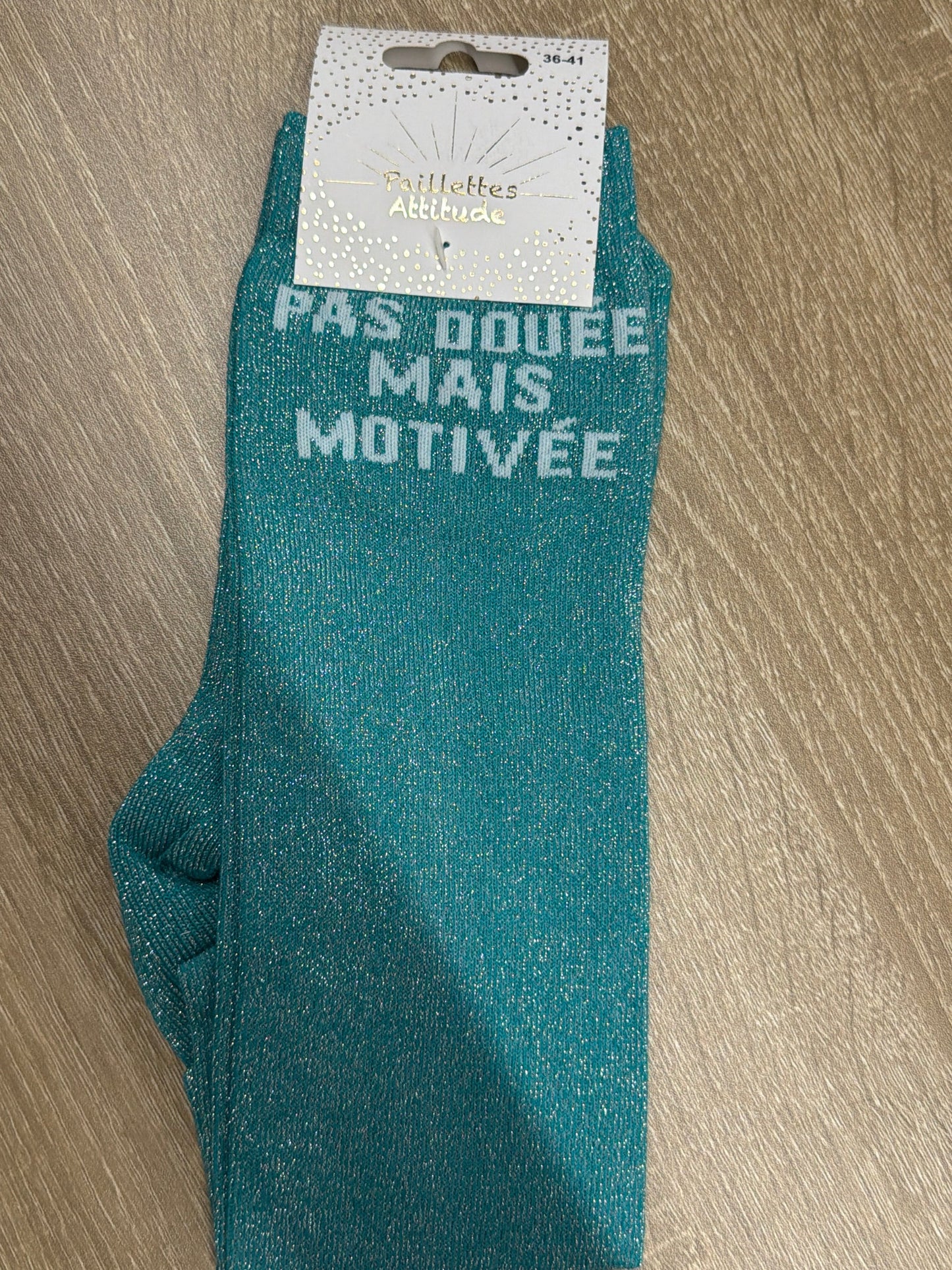 Chaussette Paillettes "pas douée mais motivée" - Paillettes Attitude