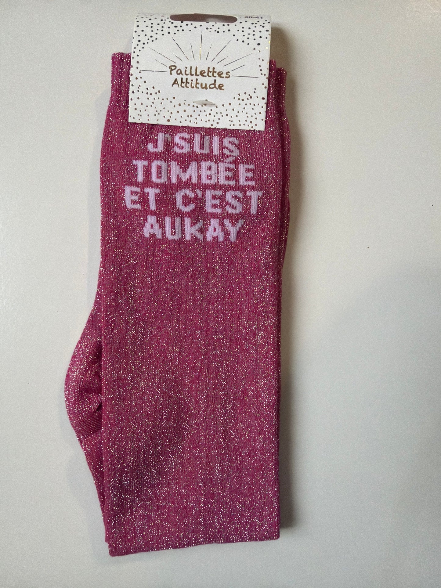 Chaussette Paillettes "J’SUIS TOMBÉE ET C’EST AUKAY" - Paillettes Attitude