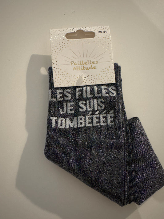 Chaussette Paillettes "LES FILLES JE SUIS TOMBÉÉÉÉ" - Paillettes Attitude