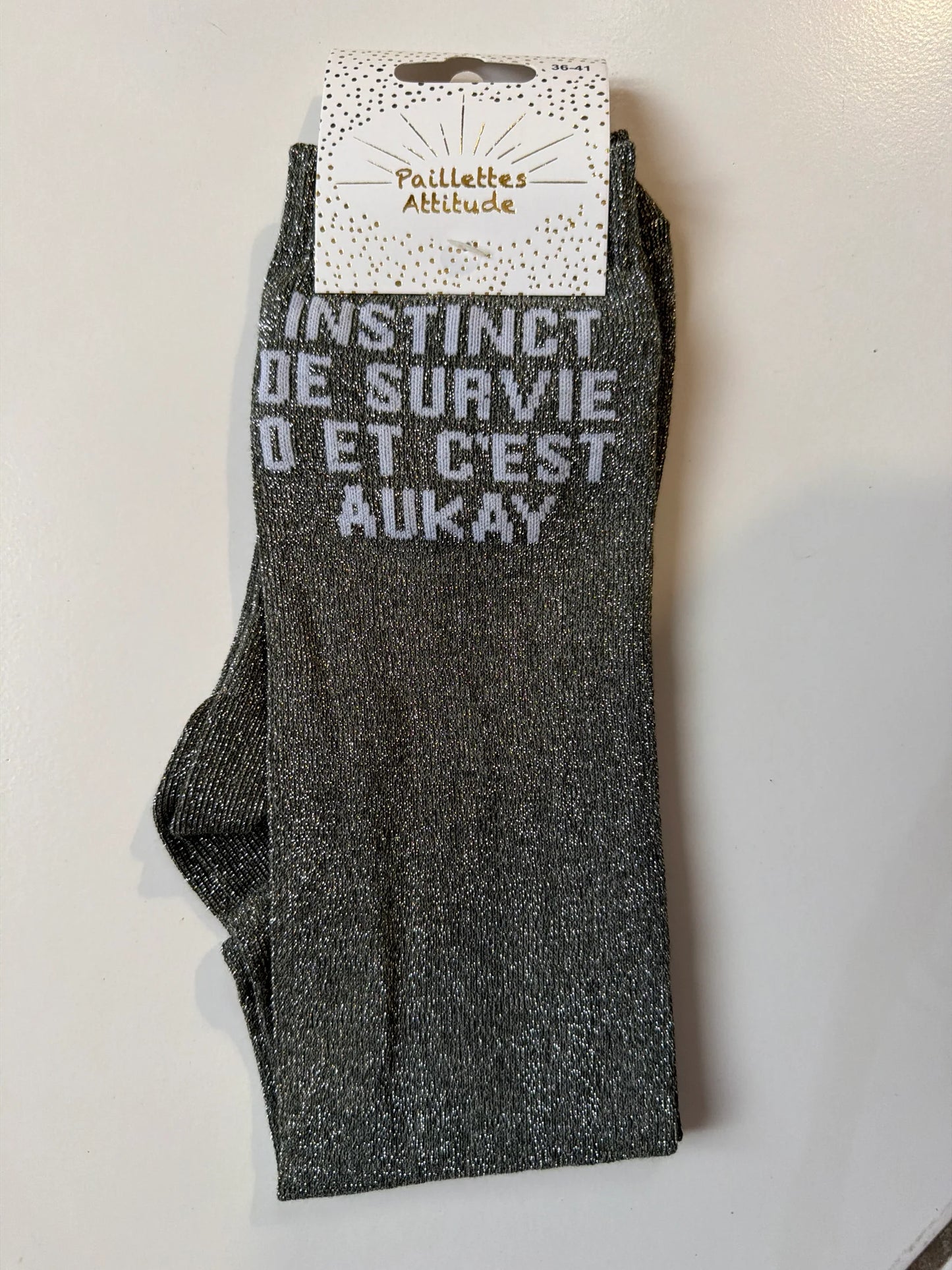 Chaussette Paillettes "INSTINCT DE SURVIE 0 ET C’EST AUKAY" - Paillettes Attitude