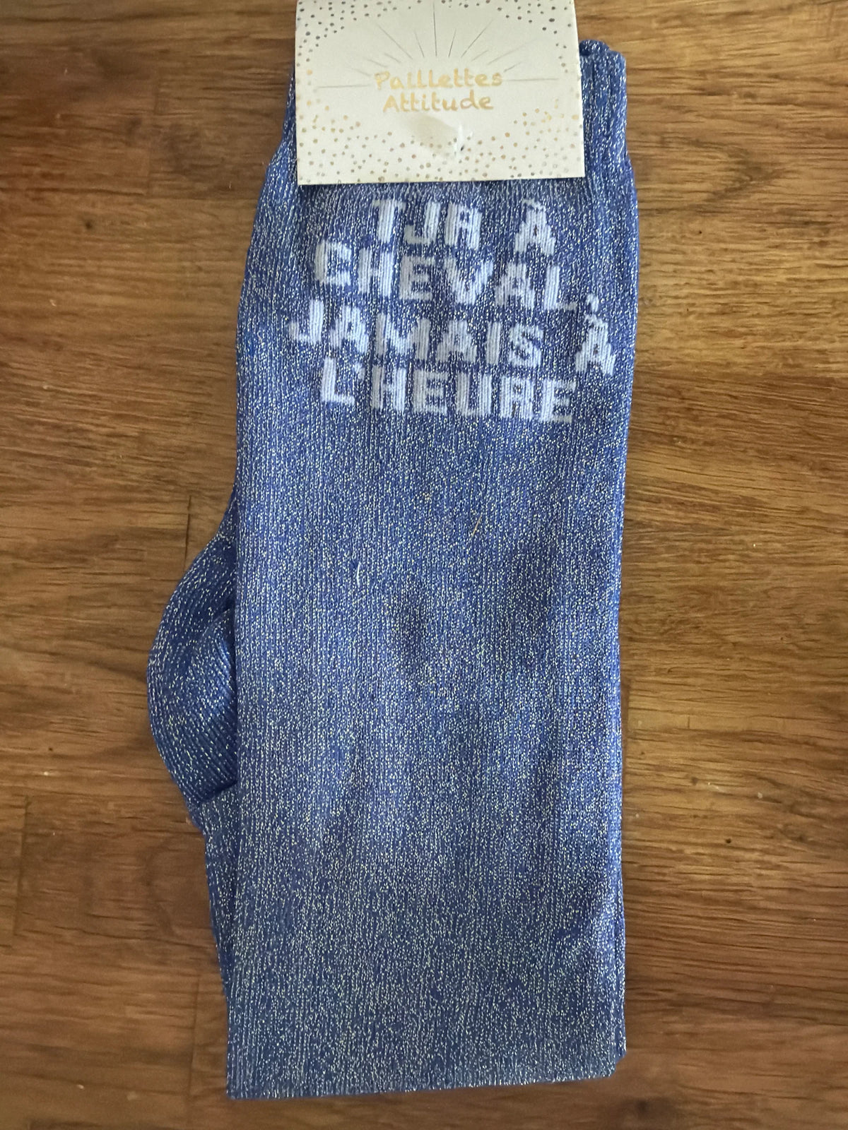 Chaussette Paillettes "TJRS à CHEVAL JAMAIS à L'HEURE" - Paillettes Attitude