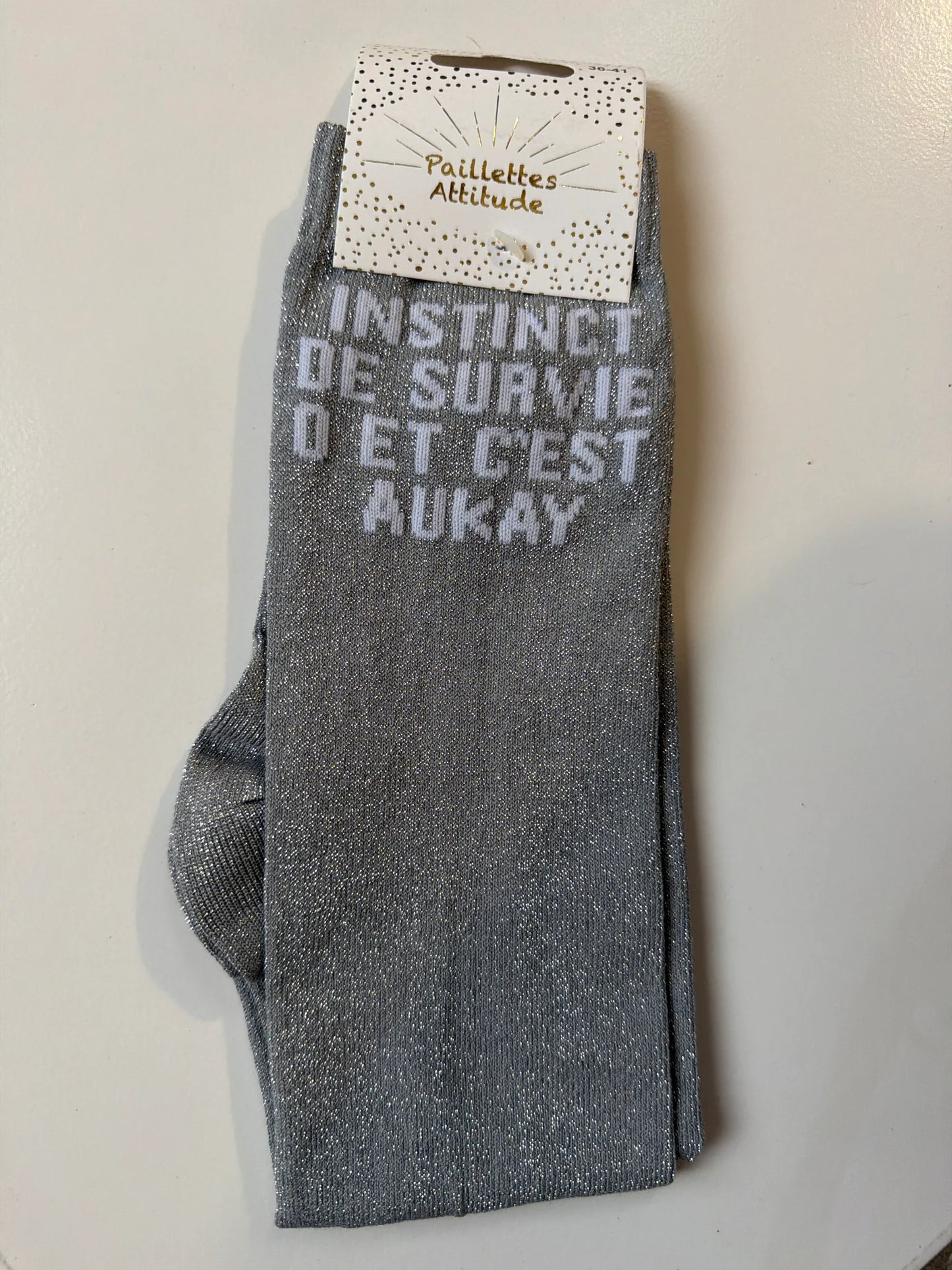 Chaussette Paillettes "INSTINCT DE SURVIE 0 ET C’EST AUKAY" - Paillettes Attitude