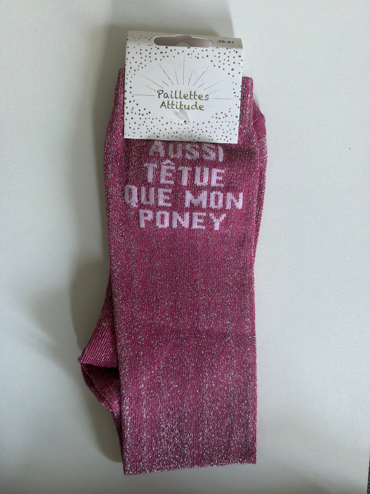 Chaussette Paillettes "Aussi têtue que mon poney" - Paillettes Attitude