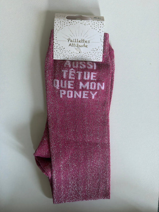 Chaussette Paillettes "Aussi têtue que mon poney" - Paillettes Attitude