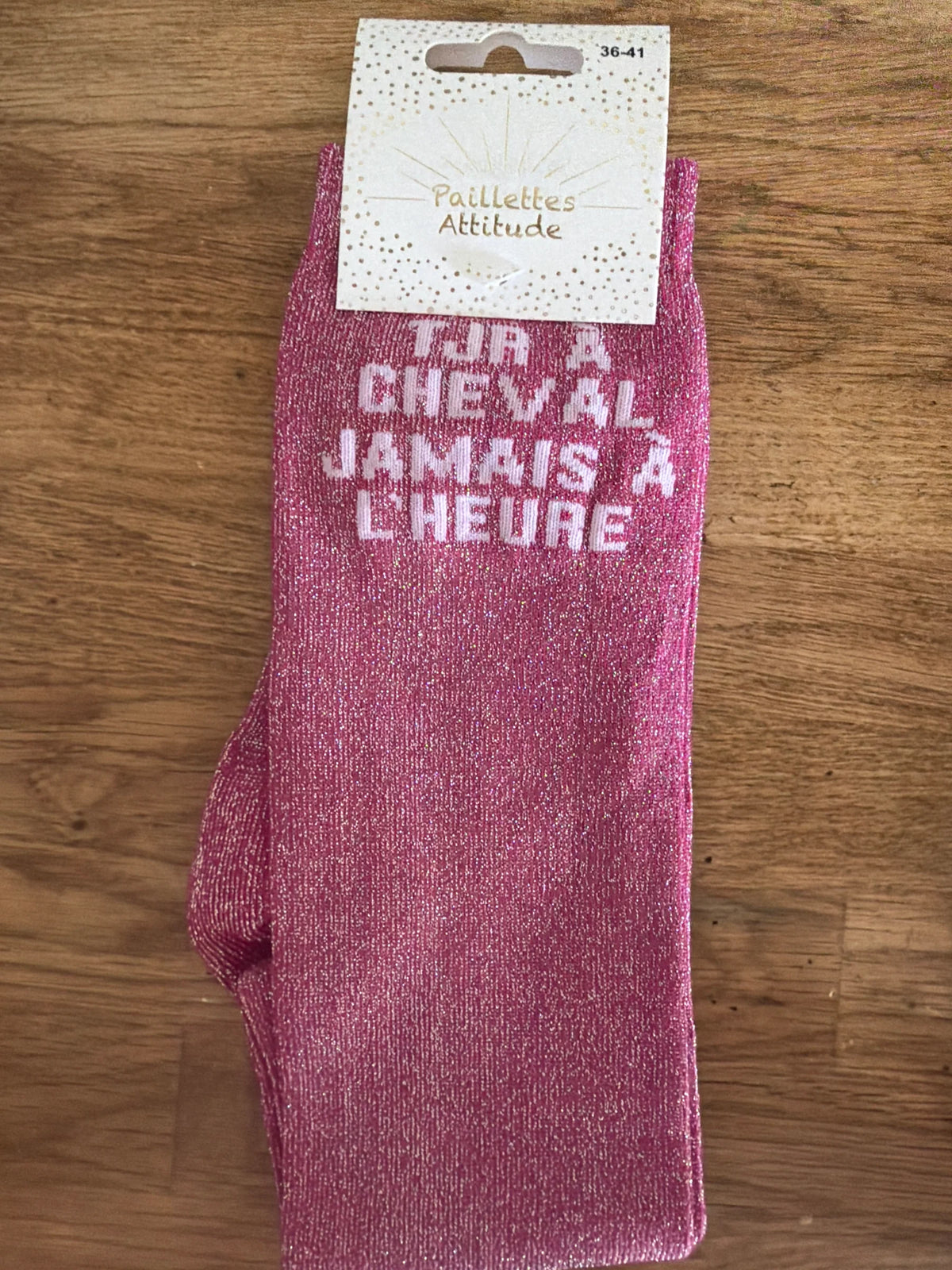 Chaussette Paillettes "TJRS à CHEVAL JAMAIS à L'HEURE" - Paillettes Attitude
