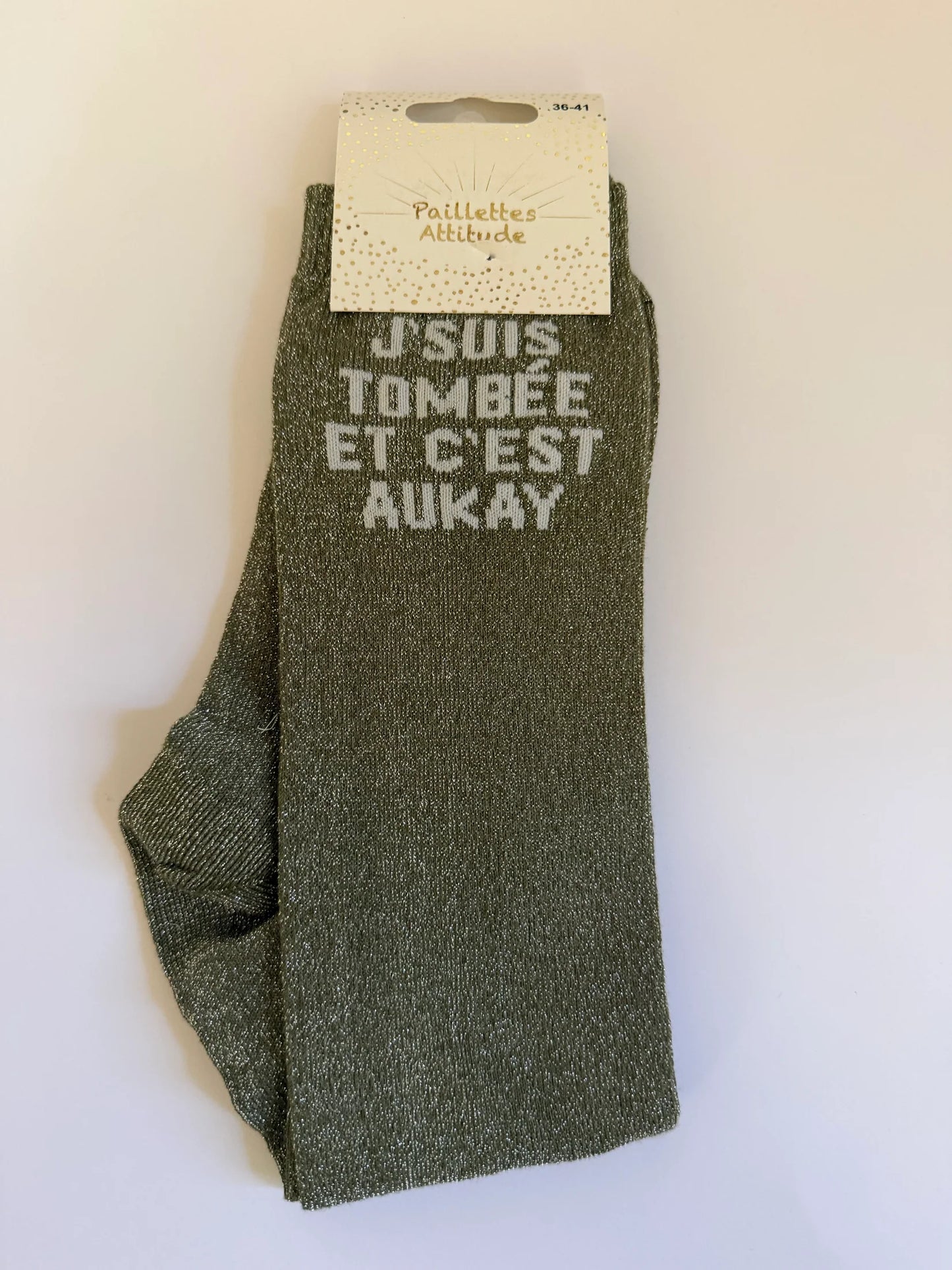 Chaussette Paillettes "J’SUIS TOMBÉE ET C’EST AUKAY" - Paillettes Attitude