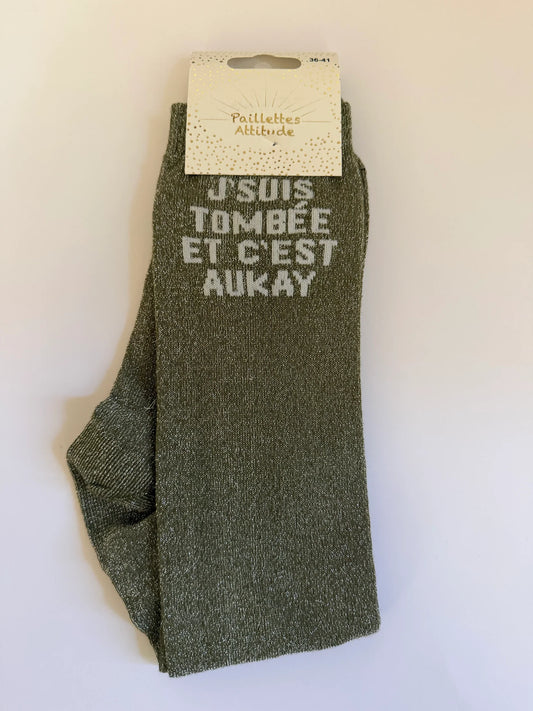 Chaussette Paillettes "J’SUIS TOMBÉE ET C’EST AUKAY" - Paillettes Attitude