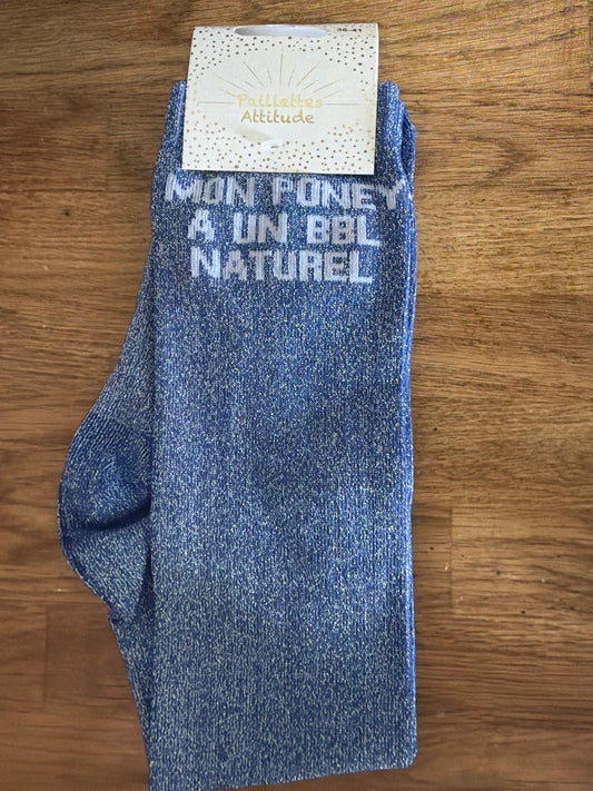 Chaussette Paillettes "Mon poney a un BBL naturel" - Paillettes Attitude