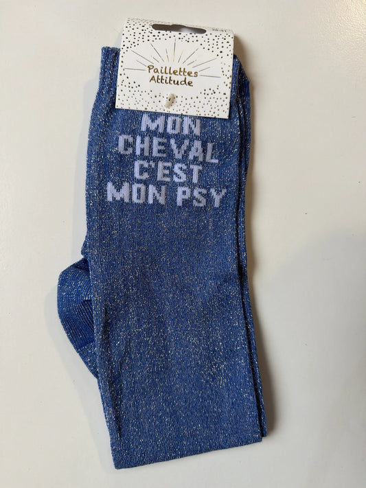 Chaussette Paillettes "Mon cheval c'est mon psy" - Paillettes Attitude