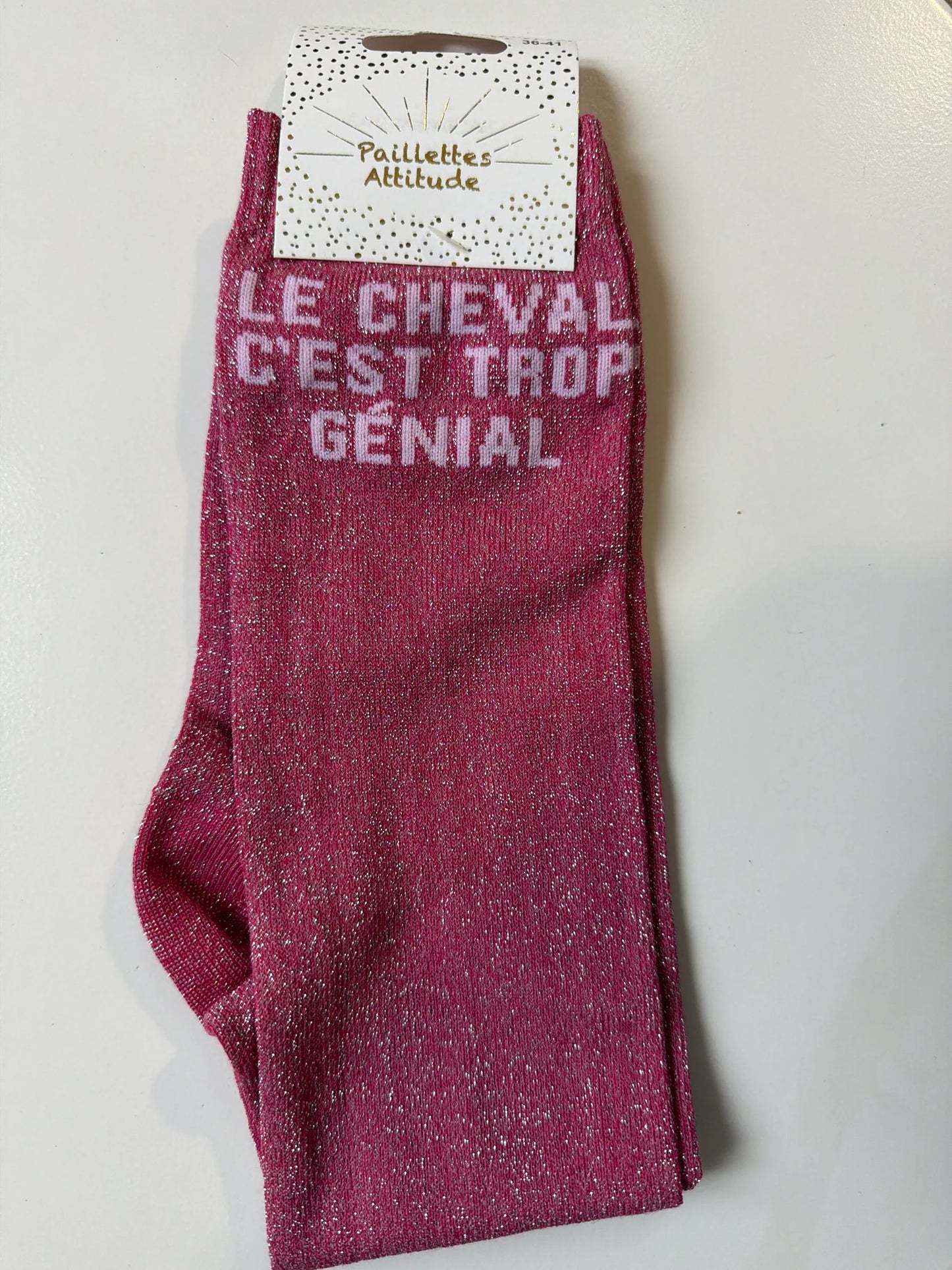 Chaussette Paillettes "LE CHEVAL C’EST TROP GÉNIAL " - Paillettes Attitude