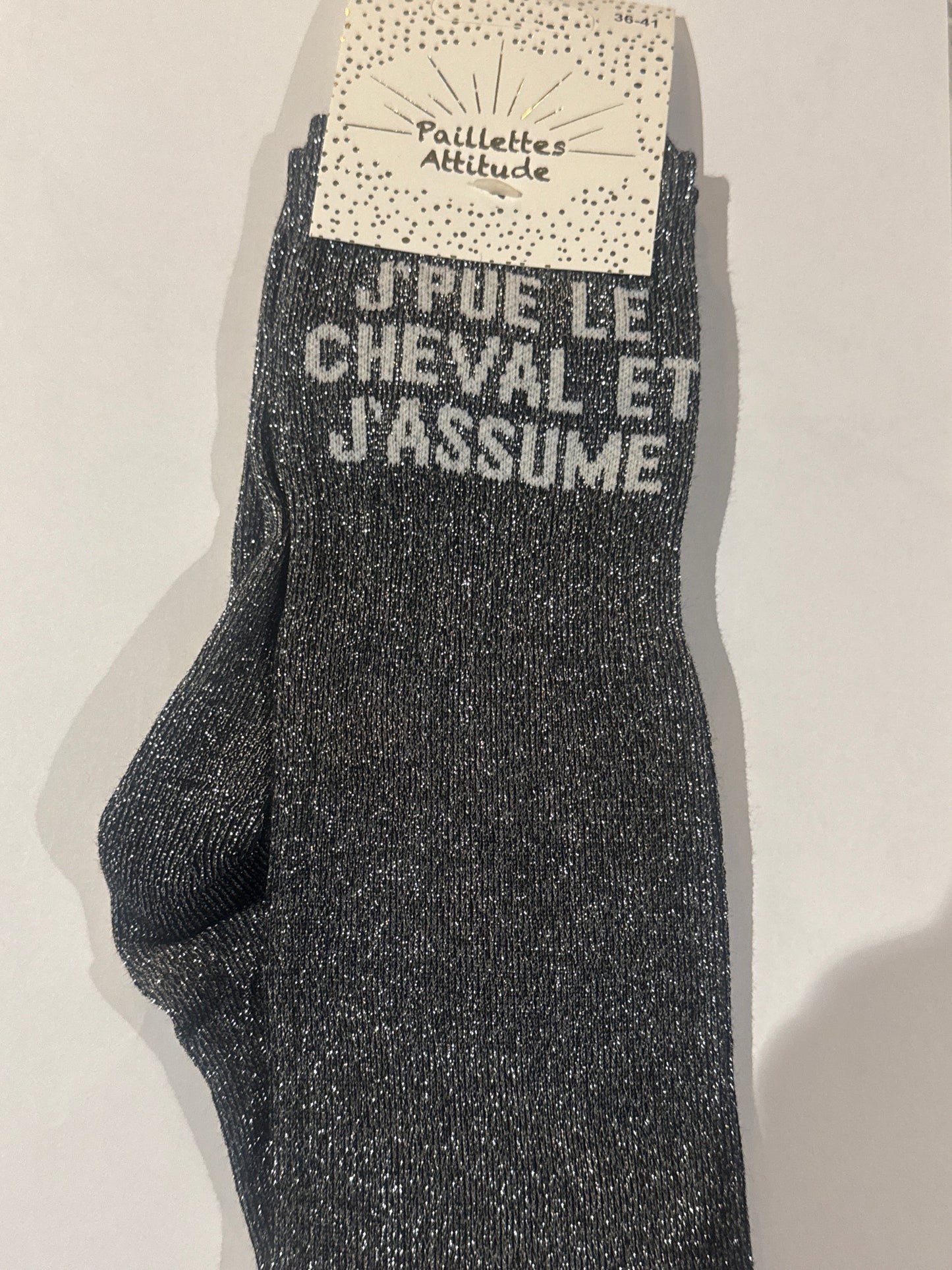 Chaussette Paillettes "J’PUE LE CHEVAL ET J’ASSUME" - Paillettes Attitude