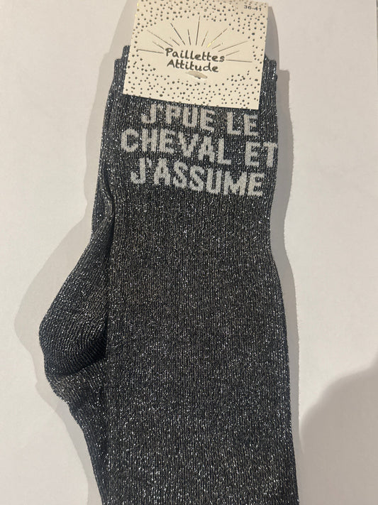 Chaussette Paillettes "J’PUE LE CHEVAL ET J’ASSUME" - Paillettes Attitude
