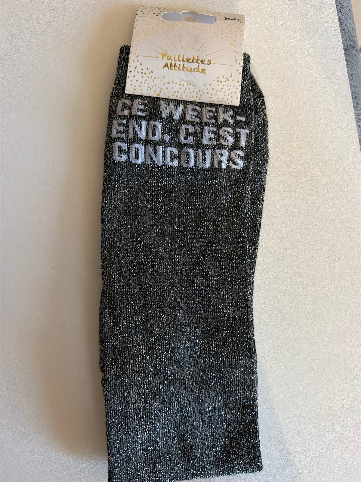 Chaussette Paillettes "ce week end c'est concours" - Paillettes Attitude