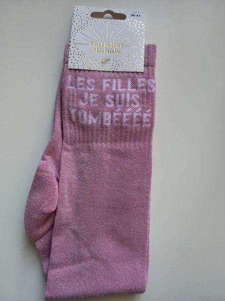 Chaussette Paillettes "LES FILLES JE SUIS TOMBÉÉÉÉ" - Paillettes Attitude