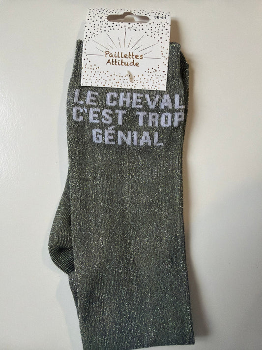 Chaussette Paillettes "LE CHEVAL C’EST TROP GÉNIAL " - Paillettes Attitude