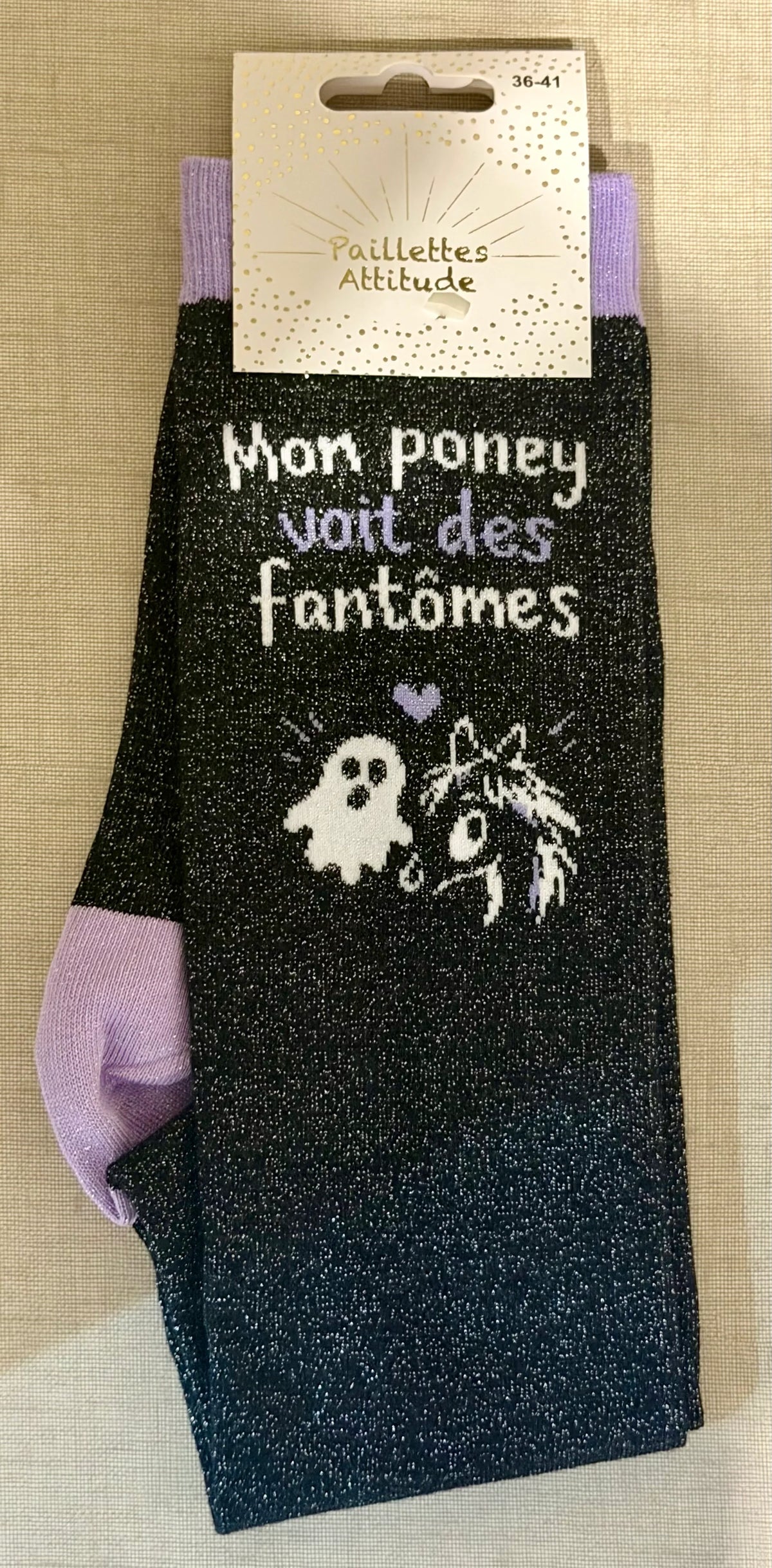 Chaussette Paillettes "Mon Poney voit des fantômes" - Paillettes Attitude