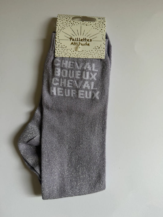 Chaussette Paillettes "CHEVAL BOUEUX CHEVAL HEUREUX" - Paillettes Attitude